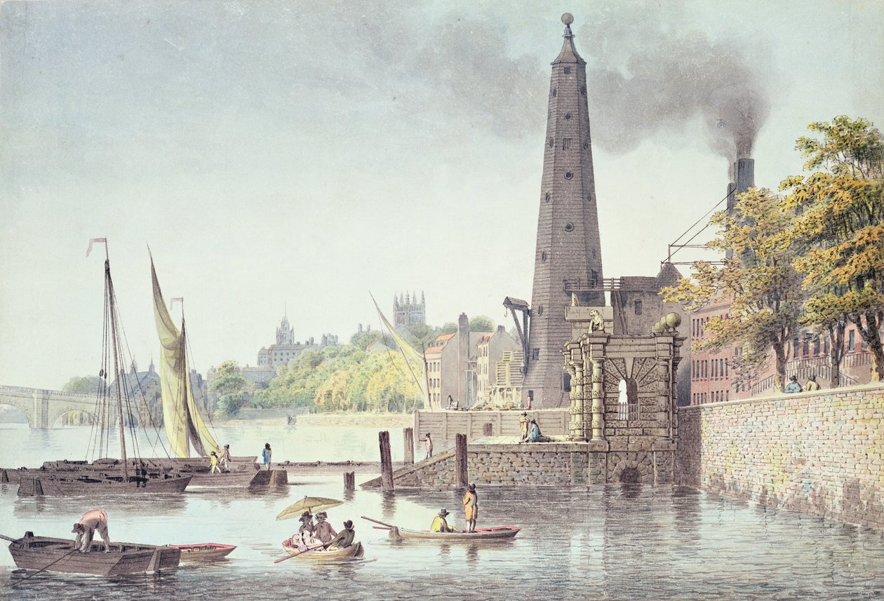 York Buildings, med udsigt mod Westminster, med udsigt til vandtårnet, 1797 (farvestik) af James Peller Malcolm