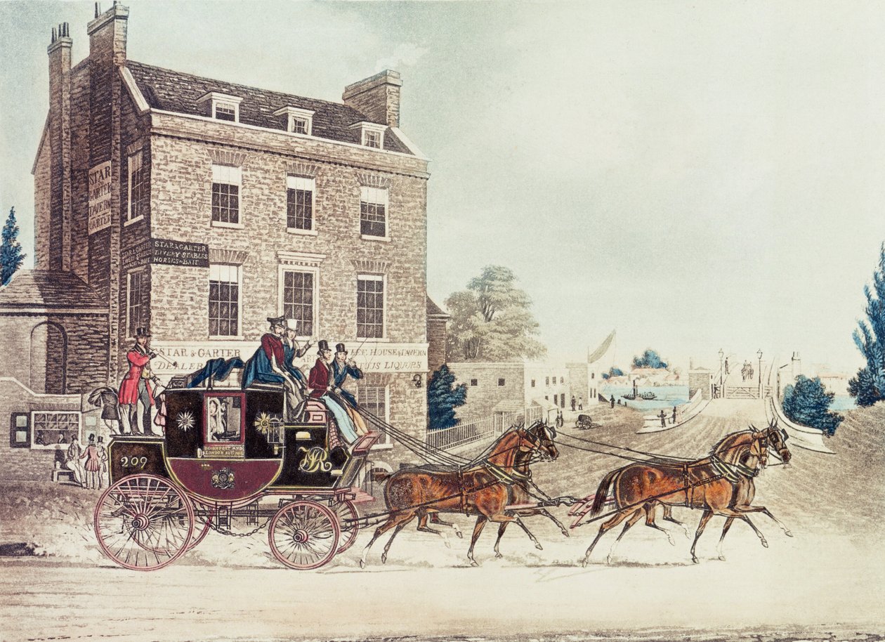 Quicksilver Royal Mail passerer Star and Garter ved Kew Bridge, 1835 af James Pollard