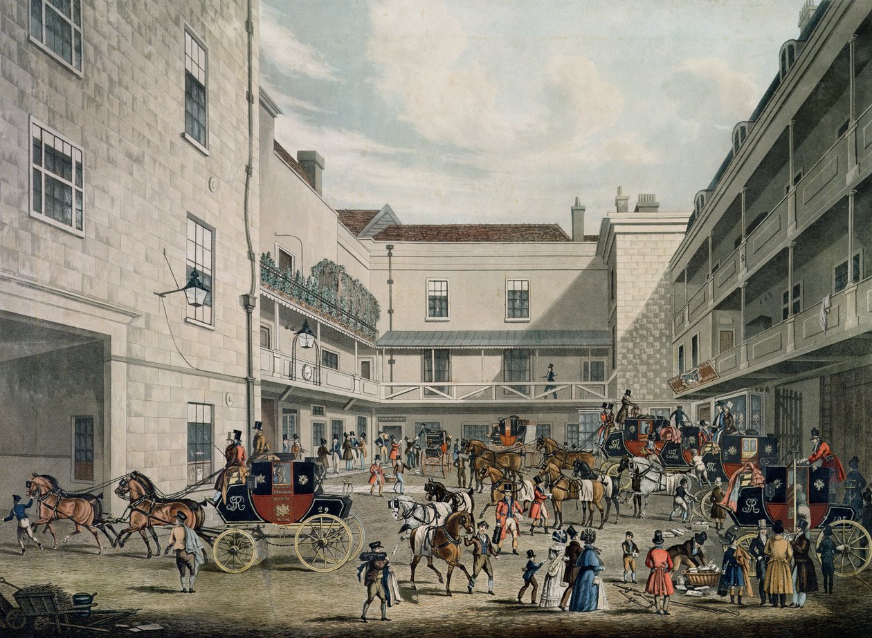 Royal Mail Coaches forlader The Swan with Two Necks Inn, Lad Lane, indgraveret af F. Rosenberg, 1831 af James Pollard