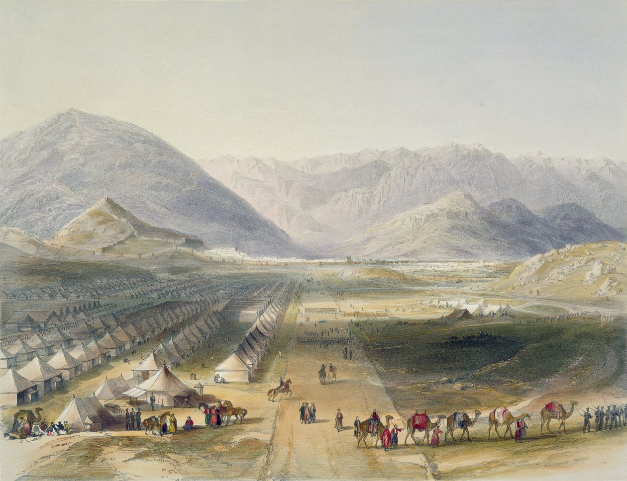 Kandahar-hærens lejr under general Nott uden for Caubuls mure ved briternes evakuering af Afghanistan, planche 5 fra "Scenery, Inhabitants and Costumes of Afghanistan", engra af James Rattray
