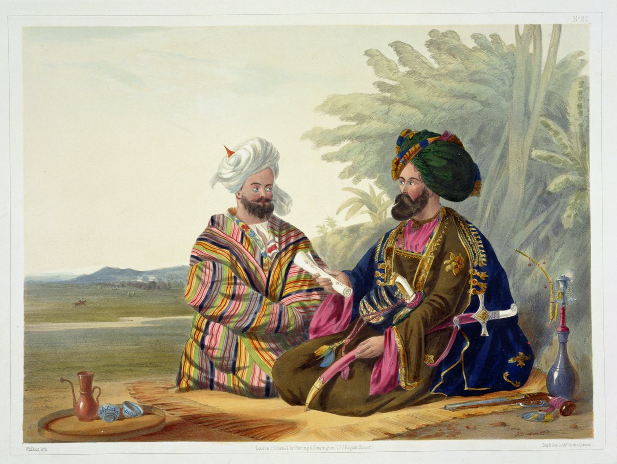 Meerz Fyze, en Oosbeg Elchee, eller ambassadør, planche 22 fra "Scenery, Inhabitants and Costumes of Afghanistan", graveret af E. Walker, 1848 af James Rattray