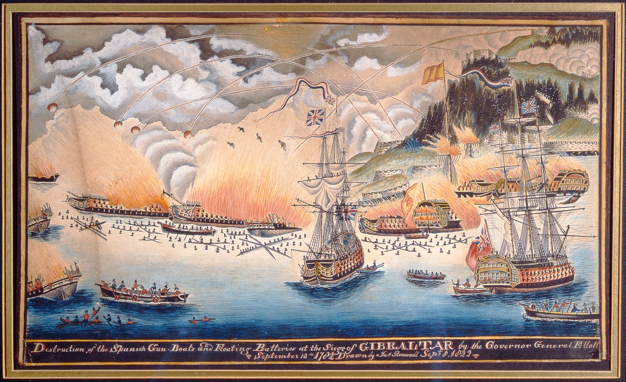 Ødelæggelsen af de spanske kanonbåde og flydende batterier ved belejringen af Gibraltar af generalguvernøren Eliott, 13. september 1782, 1822 (pen og wc) af James Rosewall