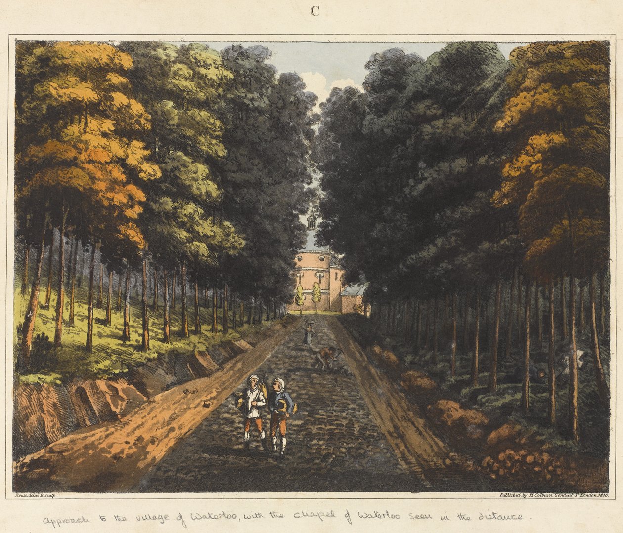 Indkørsel til landsbyen Waterloo, med Waterloo kapellet i det fjerne, fra "An Historical Account of the Battle of Waterloo", 1817 (farvet akvatint) af James Rouse