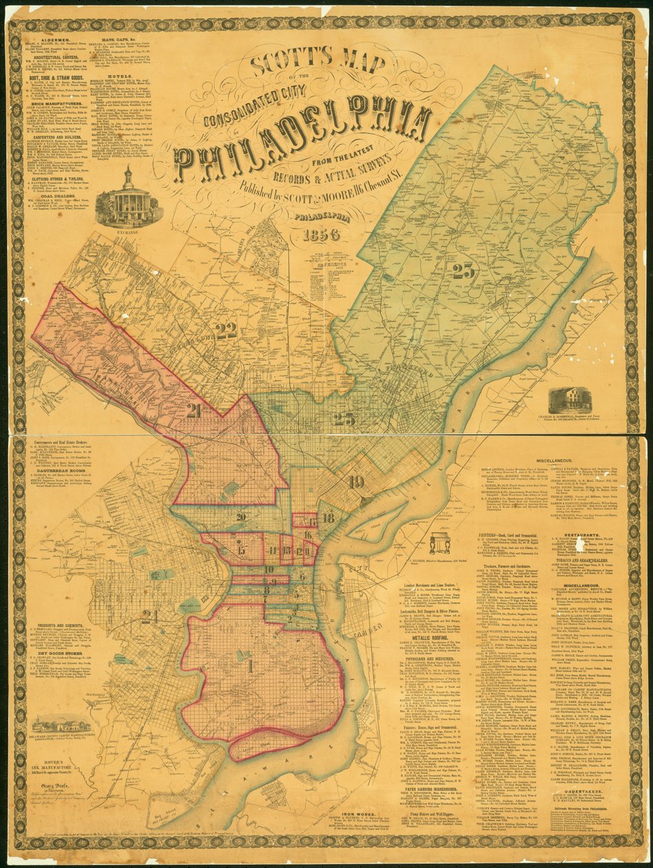 Scotts Map of the Consolidated City of Philadelphia, 1856 (håndfarvet gravering) af James F. Scott