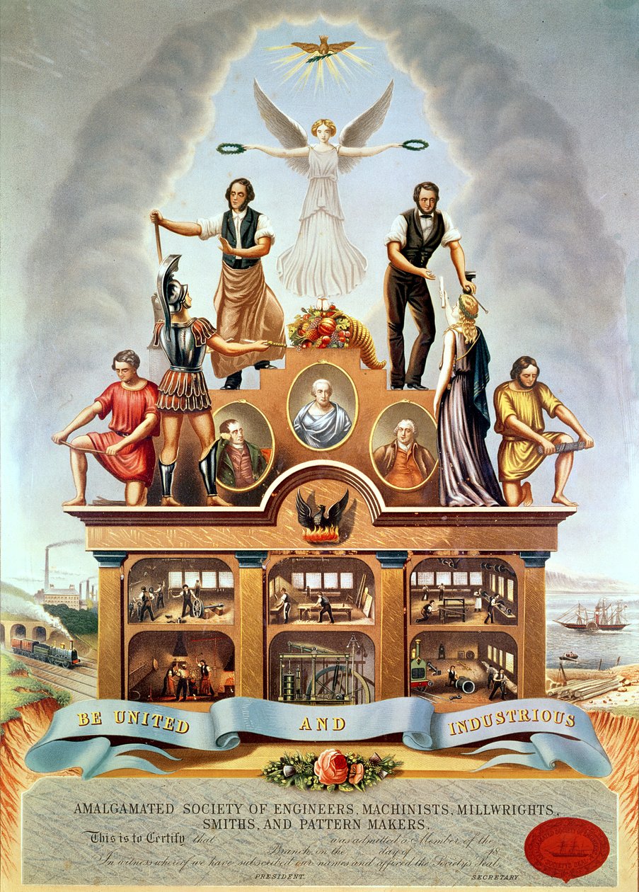 Handelsemblem fra Amalgamated Society of Engineers, Machinists, Millwrights, Smiths and Pattern Makers, indgraveret af George Greatbach, 1852 af James Sharples
