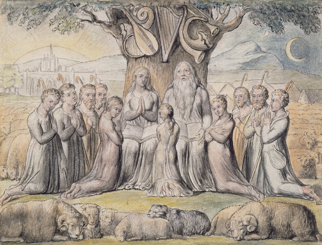 Illustrationer fra Jobs Bog, pl.2 (side 1): Job og hans familie, efter William Blake (1757-1827) (pen og blæk og wc) af James Thomas Linnell