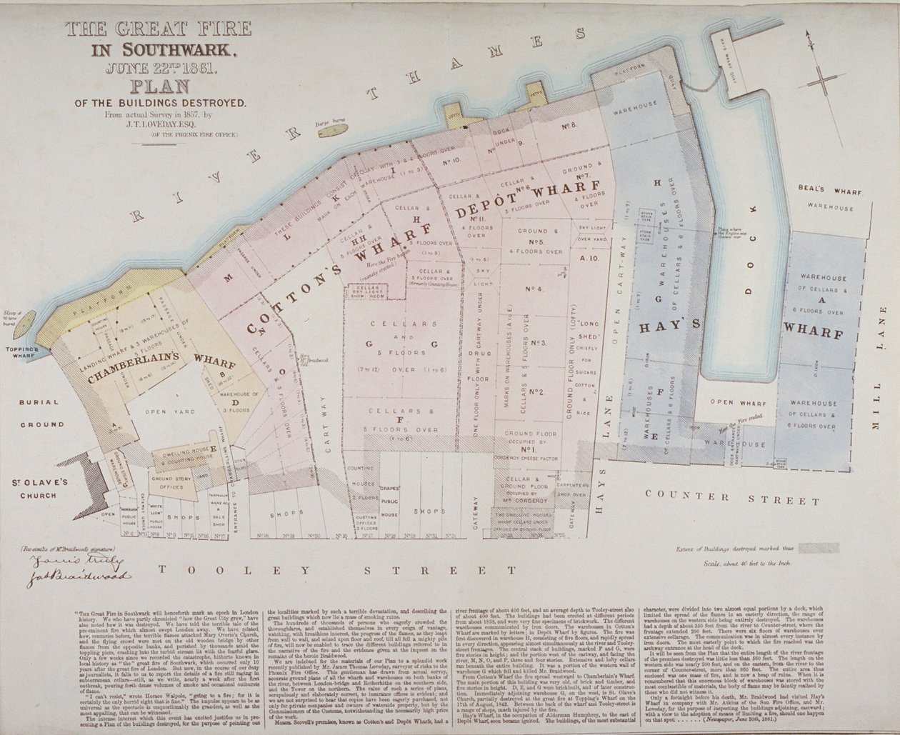 Plan over bygninger ødelagt ved Chamberlains Wharf, Cottons Wharf og Hays Wharf i Cottons Wharf-branden i 1861 af James Thomas Loveday