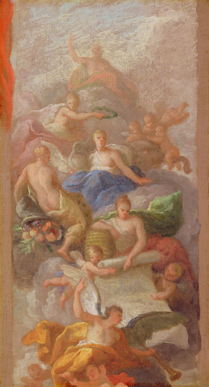 En skitse af taknemmelighed kronet af fred, med andre allegoriske figurer af industri, berømmelse og overflod, ca. 1712-13 af James Thornhill