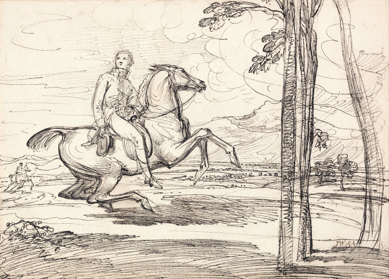 En rytter i et landskab- sandsynligvis en undersøgelse til Theophilus Levett rævejagt i Wychnor Park af James Ward