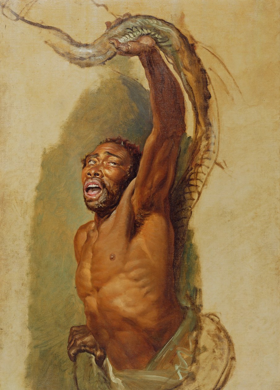 Mand i kamp med en Boa Constrictor, studie til "Liboya-slange der griber sit bytte", ca. 1803 af James Ward