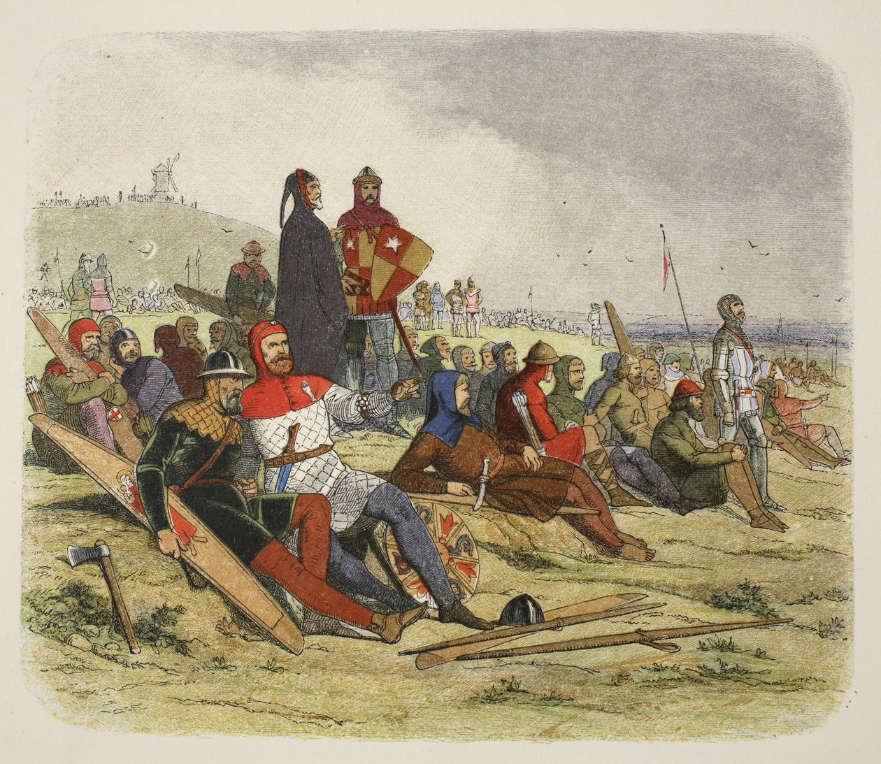 Englænderne venter på franskmændene ved Crécy, fra A Chronicle of England BC 55 to AD 1485, udgivet af A Chronicle of England BC 55 to AD 1485, pub. London, 1863 af James William Edmund Doyle