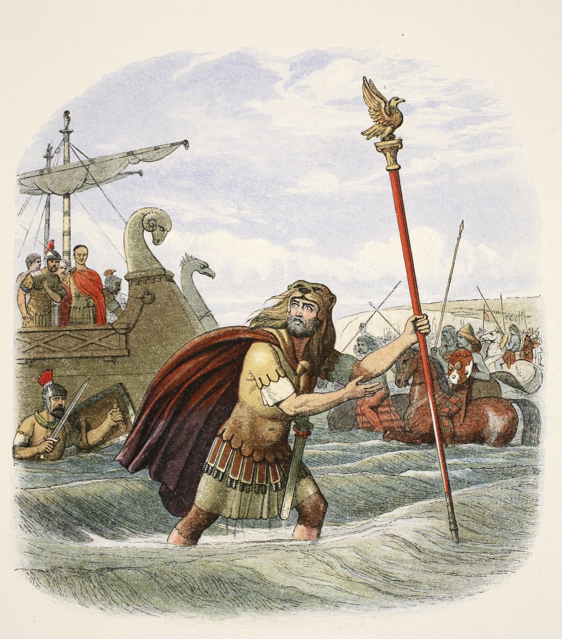 Den romerske fanebærer af den tiende legion lander i Storbritannien, 55 f.Kr., fra A Chronicle of England BC 55 til AD 1485, pub. London, 1863 af James William Edmund Doyle