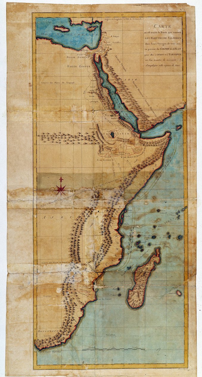 Kort over Østafrika (kort over den rute, som Salomons flåder tog) - i "" Rejse til Nubien og Abessinien foretaget for at opdage Nilens kilder i årene 1768 til 1772"", af James Bruce, Paris af James Bruce