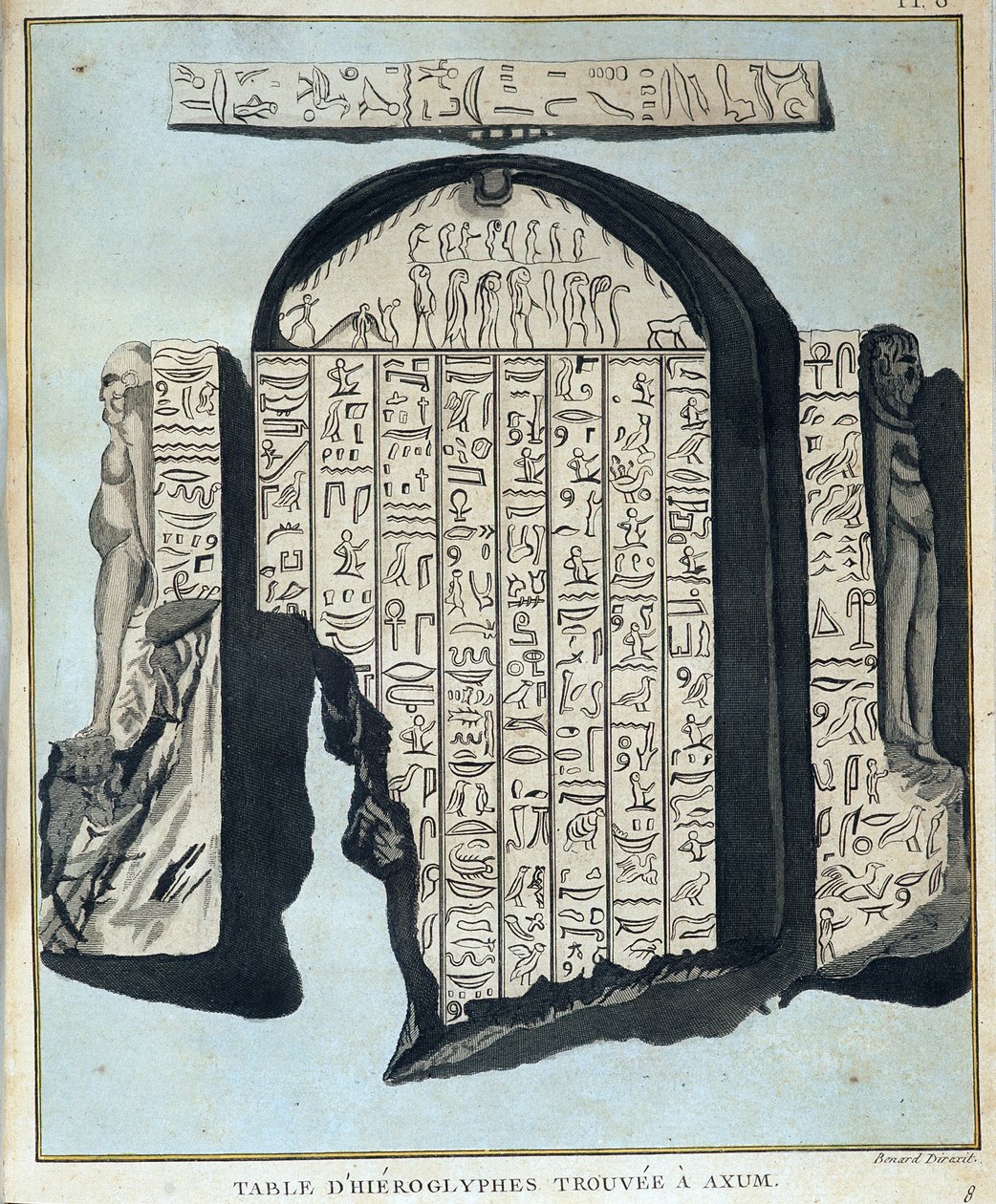 Tabel over hieroglyffer fundet i Axoum (Aksoum) - i "" Rejse i Nubien og Abessinien foretaget for at opdage Nilens kilder i årene 1768 til 1772", af James Bruce, bind 1, Paris af James Bruce