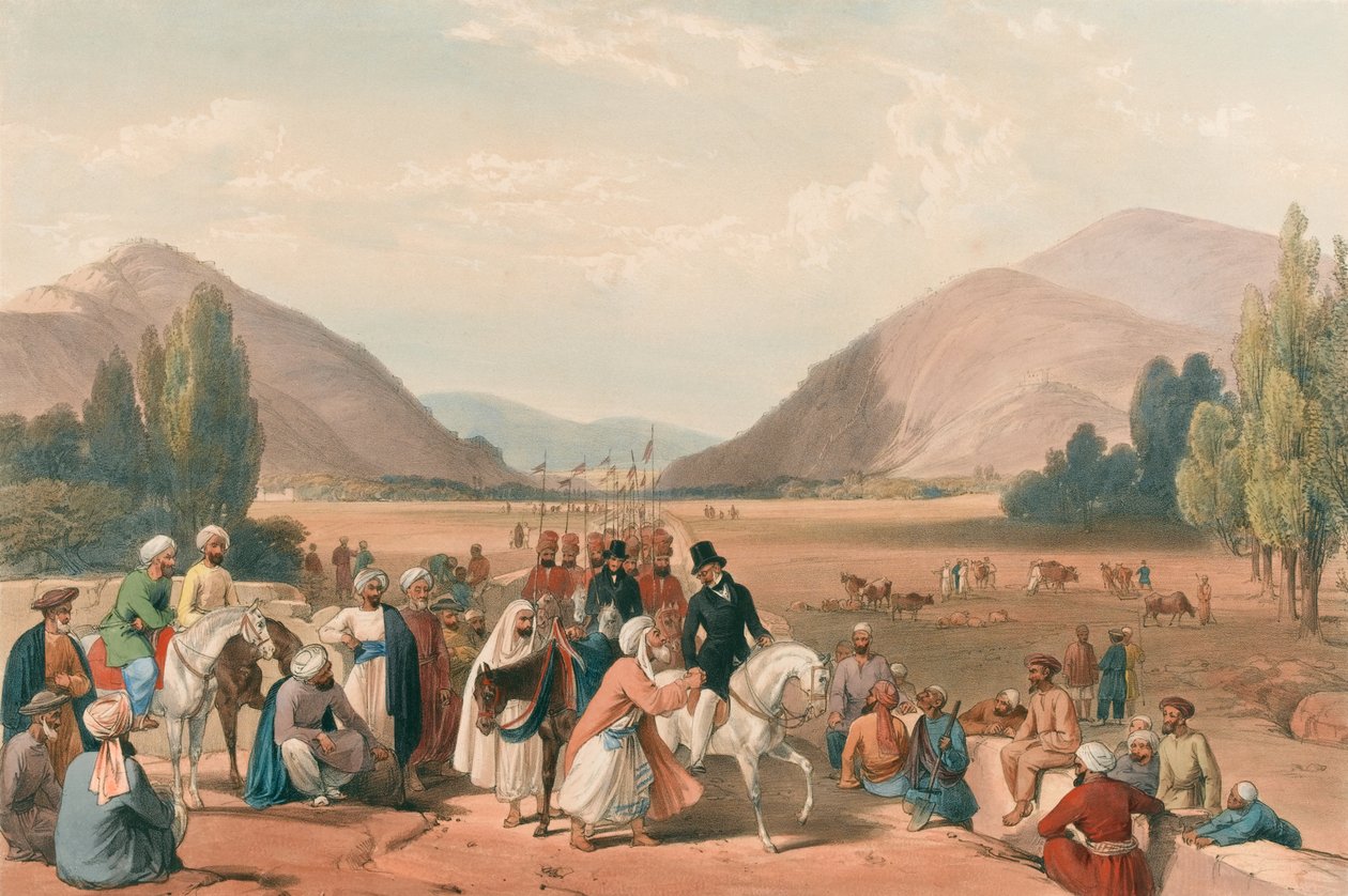 Indkørsel til Caubul fra Killa-Kazee [sic], ca. 1840 (litografi, farvet) af James (after) Atkinson