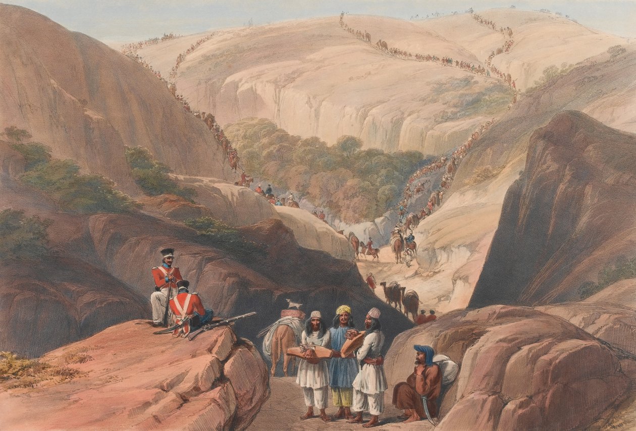 The First Descent through the Koojah [sic] Pass, ca. 1839 (litografi, tonet) af James (after) Atkinson