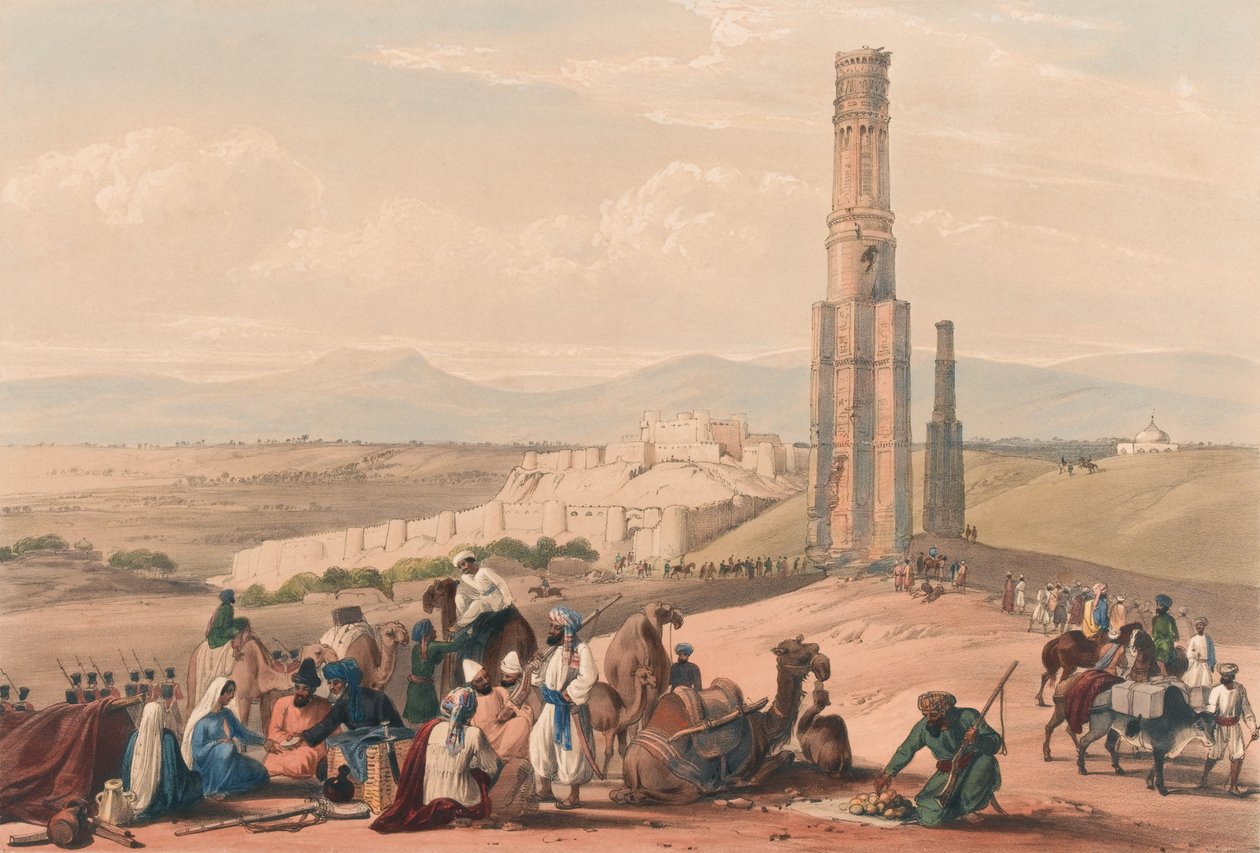 Ghuznees fæstning og citadal [sic] og de to minarer, ca. 1839 (litografi, tonet) af James (after) Atkinson
