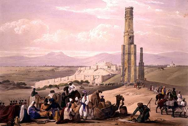 Ghunzees fæstning og citadel og de to minarer, fra "Sketches in Afghaunistan", graveret af Charles Haghe (1810-88) og Louis Haghe (1806-85), udgivet af Henry Graves af James (after) Atkinson