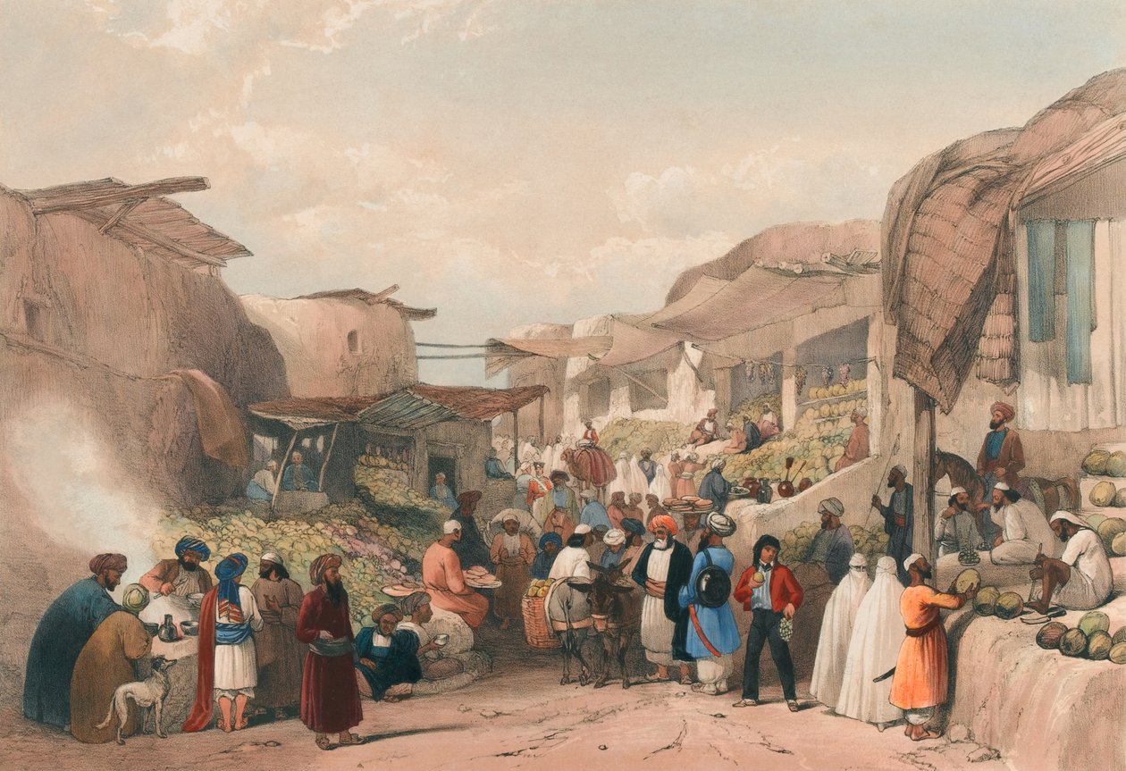 Hovedgaden i basaren i Caubul i frugtsæsonen, ca. 1839 (litografi, tonet) af James (after) Atkinson