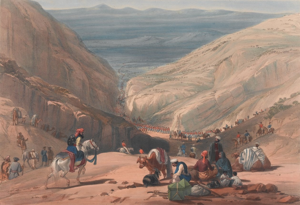 Den anden nedstigning gennem Koojah [sic] Pass, ca. 1839 (litografi, tonet) af James (after) Atkinson