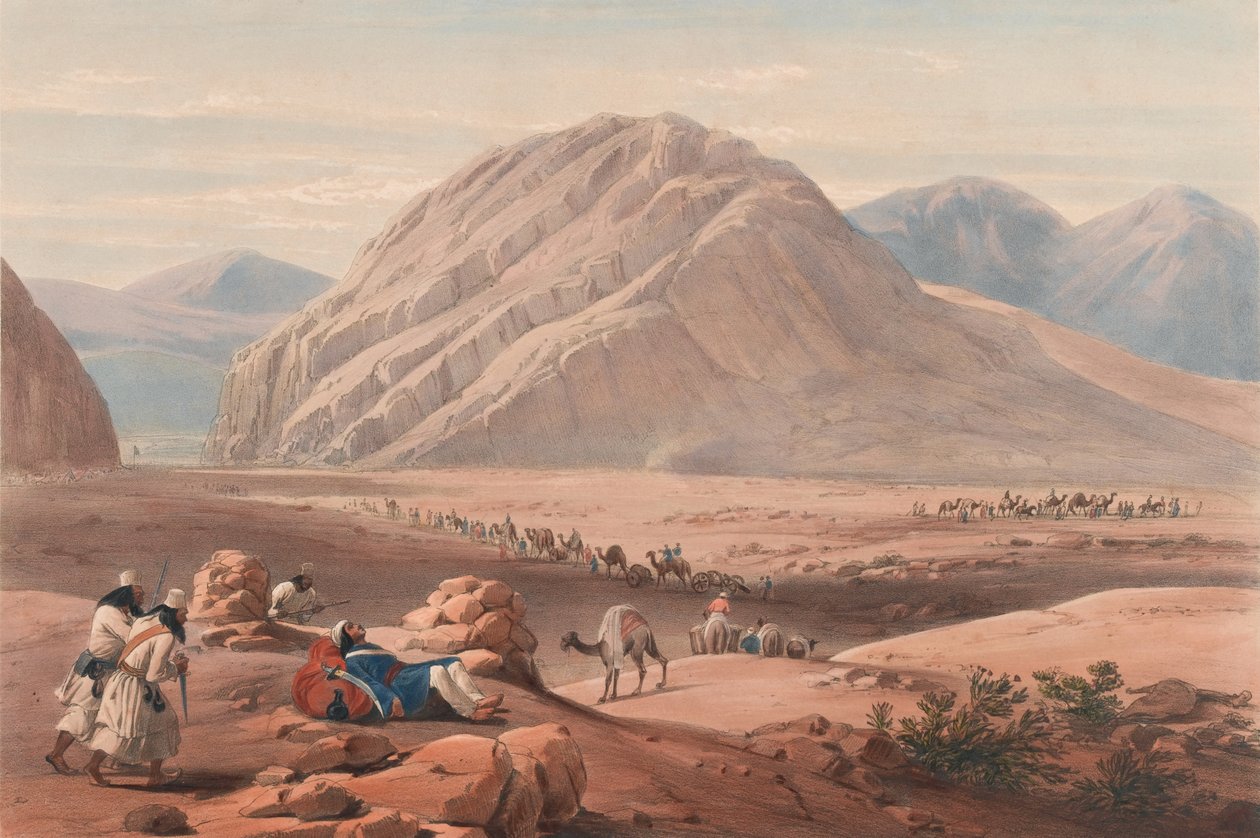 Udsigt over bjerget Baba-Naunee, ca. 1839 (litografi, tonet) af James (after) Atkinson