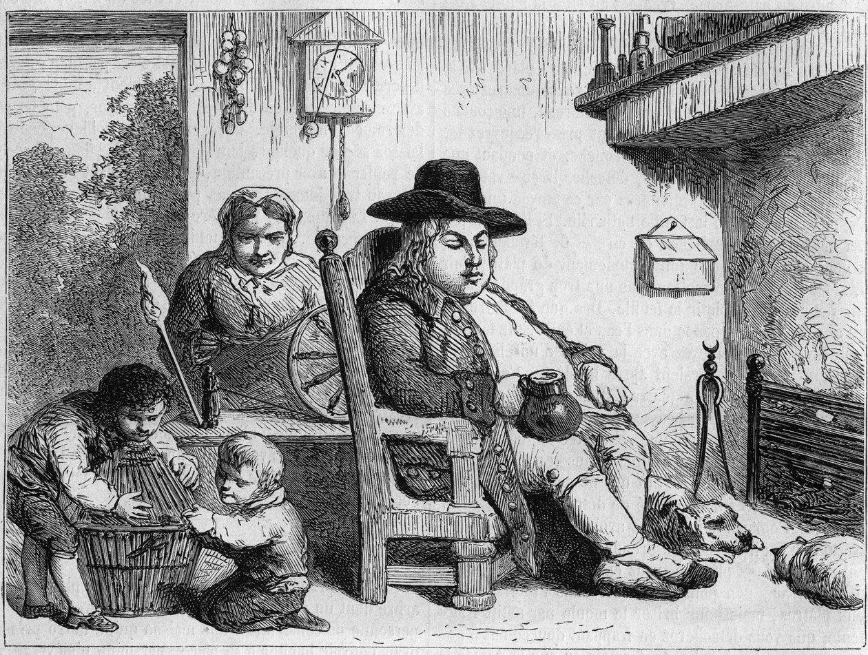 John Bull glad: John Bull (karakter af typisk engelsk, symbol på England) hjemme med sin kone og børn. Gilbert gravering efter Gillray. I "" Le Magasin maleriske"" af James (after) Gillray