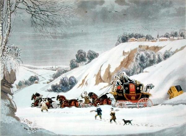 A Mail in Deep Snow, graveret af George Hunt (farve litho) af James (after) Pollard