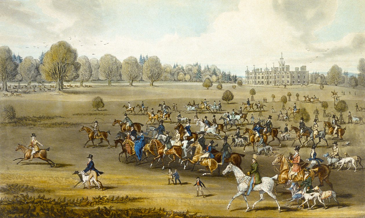 Kursere, der tager marken ved Hatfield Park, graveret af James Pollard (1797-1867) (farve litho) (se også 266807) af James (after) Pollard