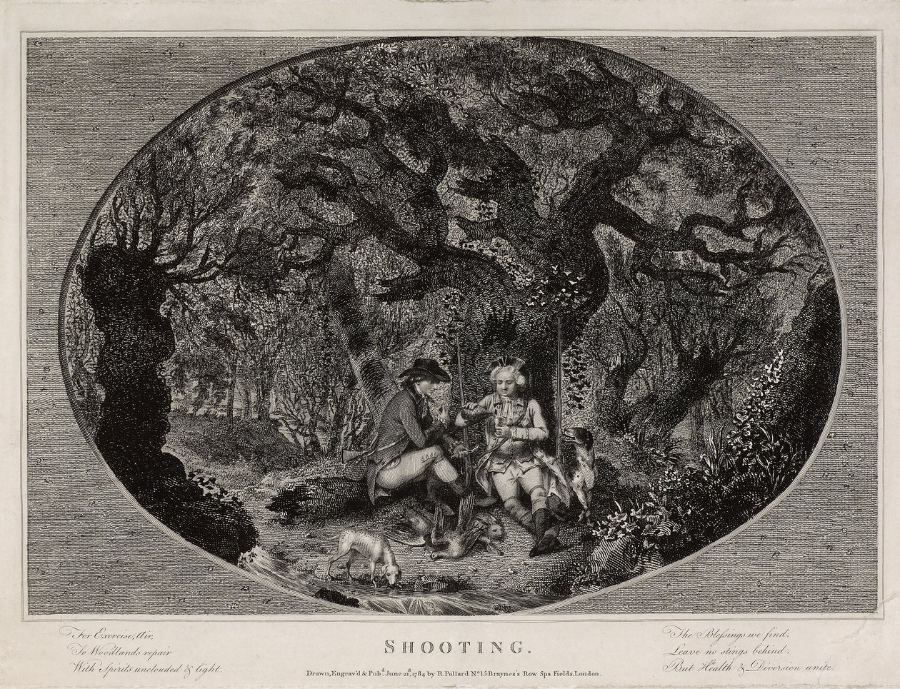 Skydning, indgraveret af Robert Pollard (1755-1838), udgivet i 1784 (litho) af James (after) Pollard