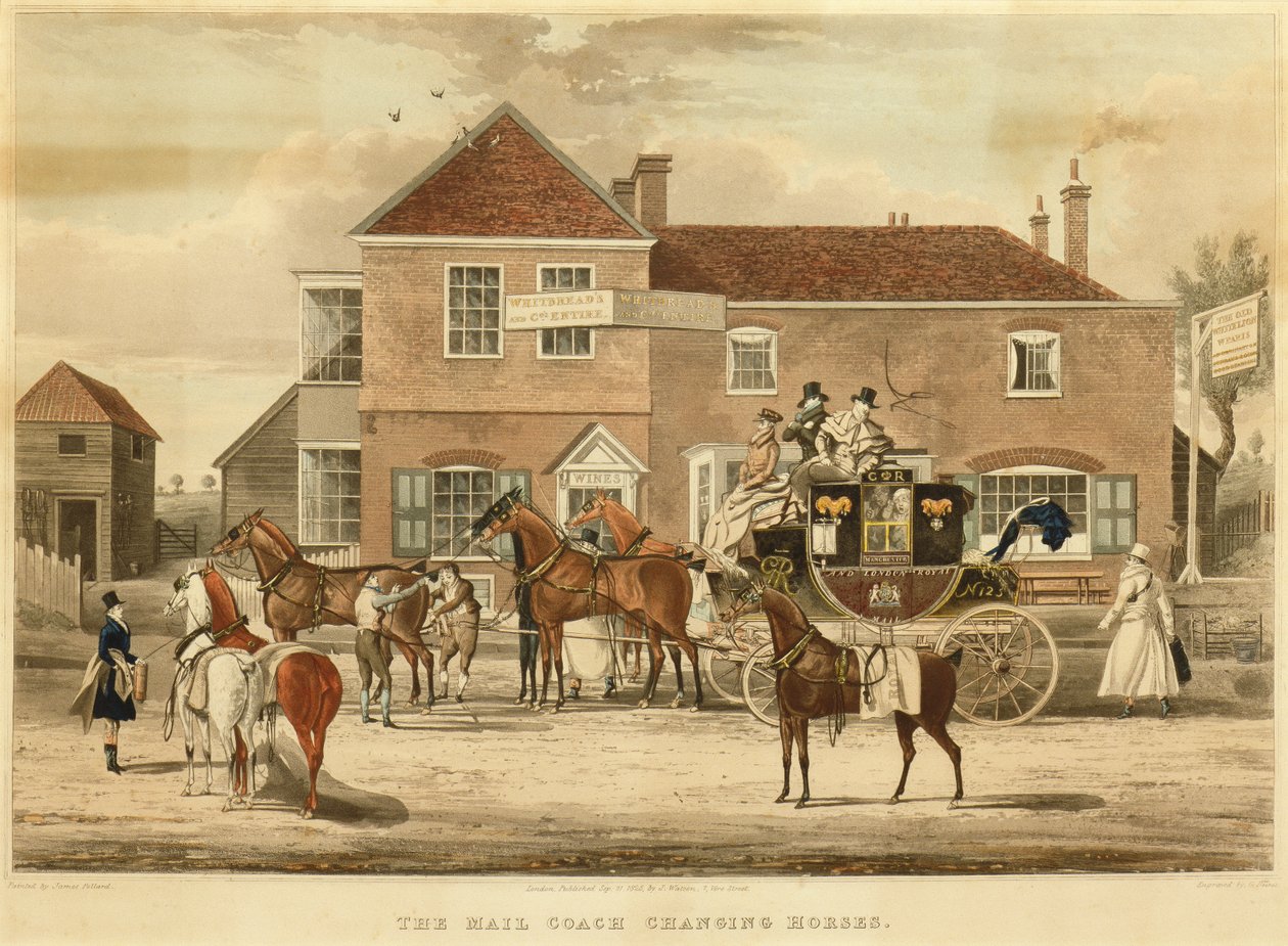 The Mail Coach Changing Horses, ca. 1825 (gravering) af James (after) Pollard
