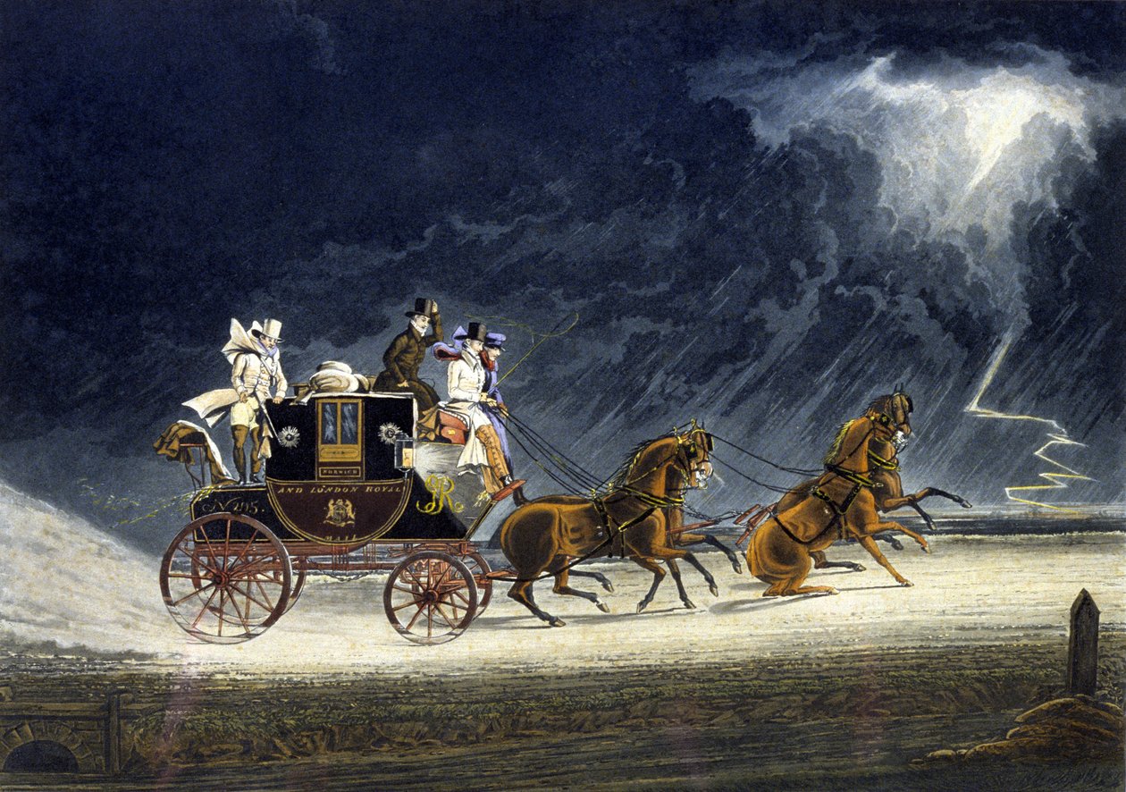 Postvognen i tordenvejr, indgraveret af R.G. Reeve af James (after) Pollard