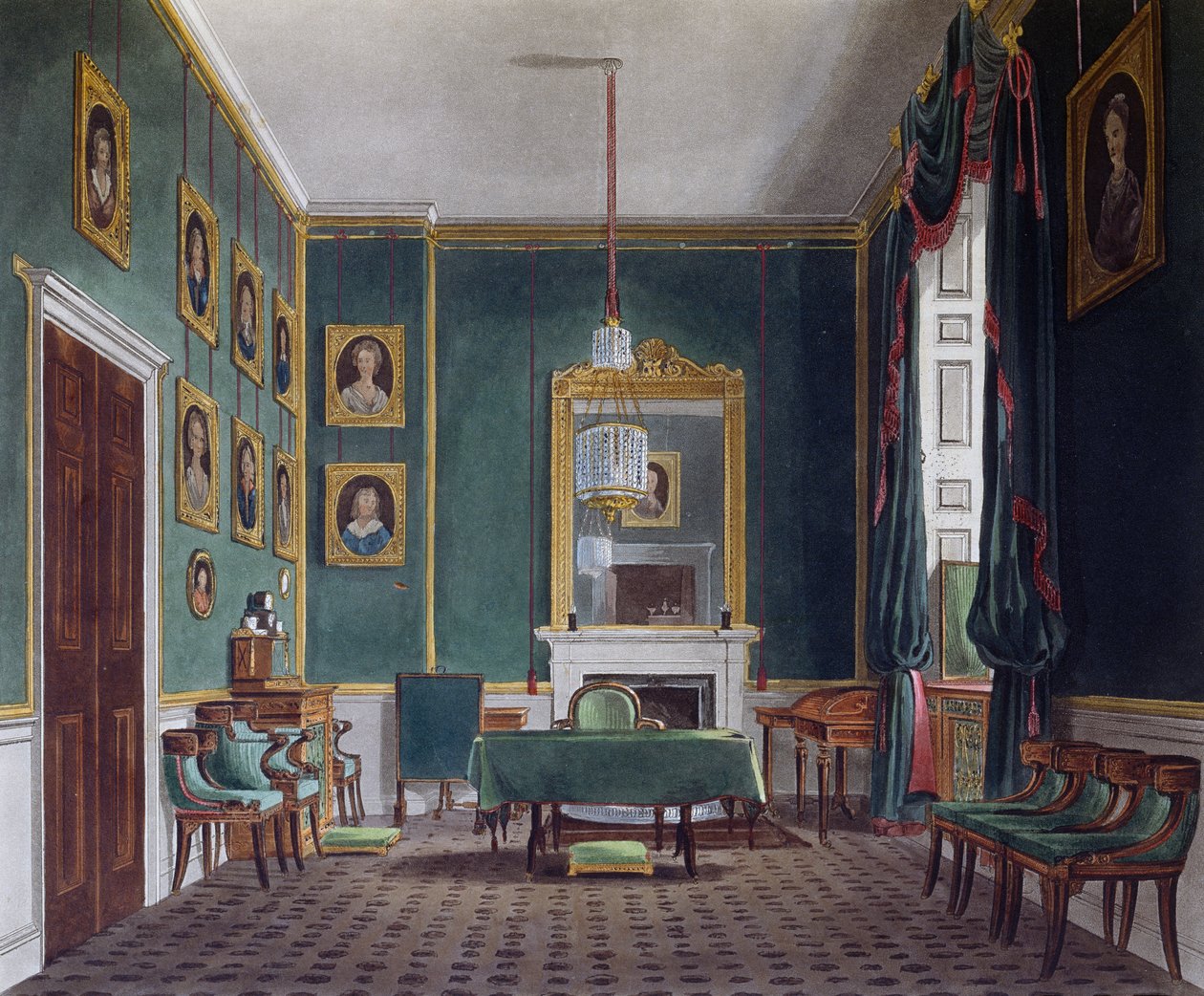 Grønt tilbagetrækningsrum, Indgravering af Daniel Havell (1785-1826), Baseret på design af James Stephanoff (ca. 1788-1874), Fra The History of the Royal Residences af James (after) Stephanoff