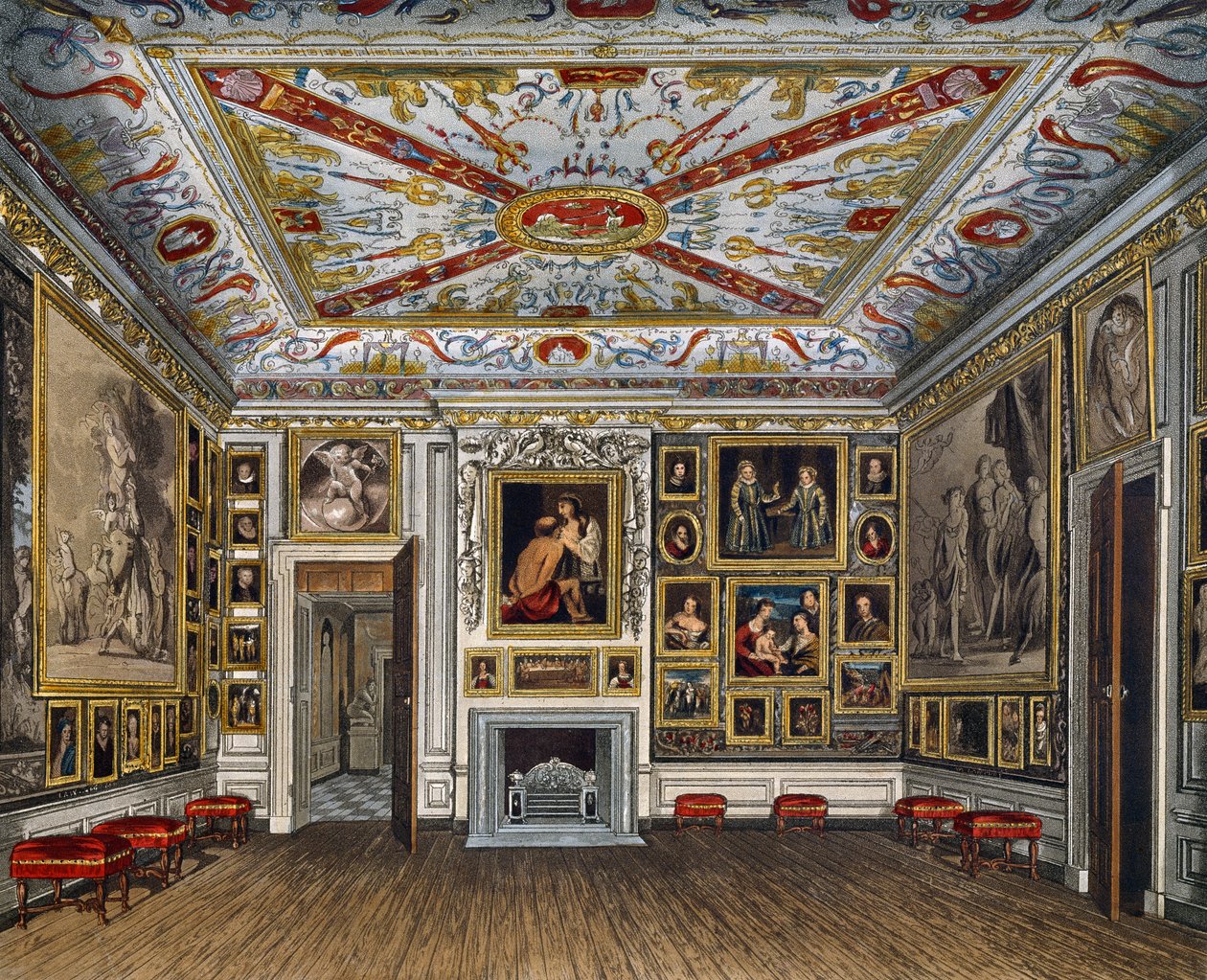 Mødelokale, gravering af Daniel Havell (1785-1826), Baseret på design af James Stephanoff (ca. 1788-1874), Fra The History of the Royal Residences af James (after) Stephanoff
