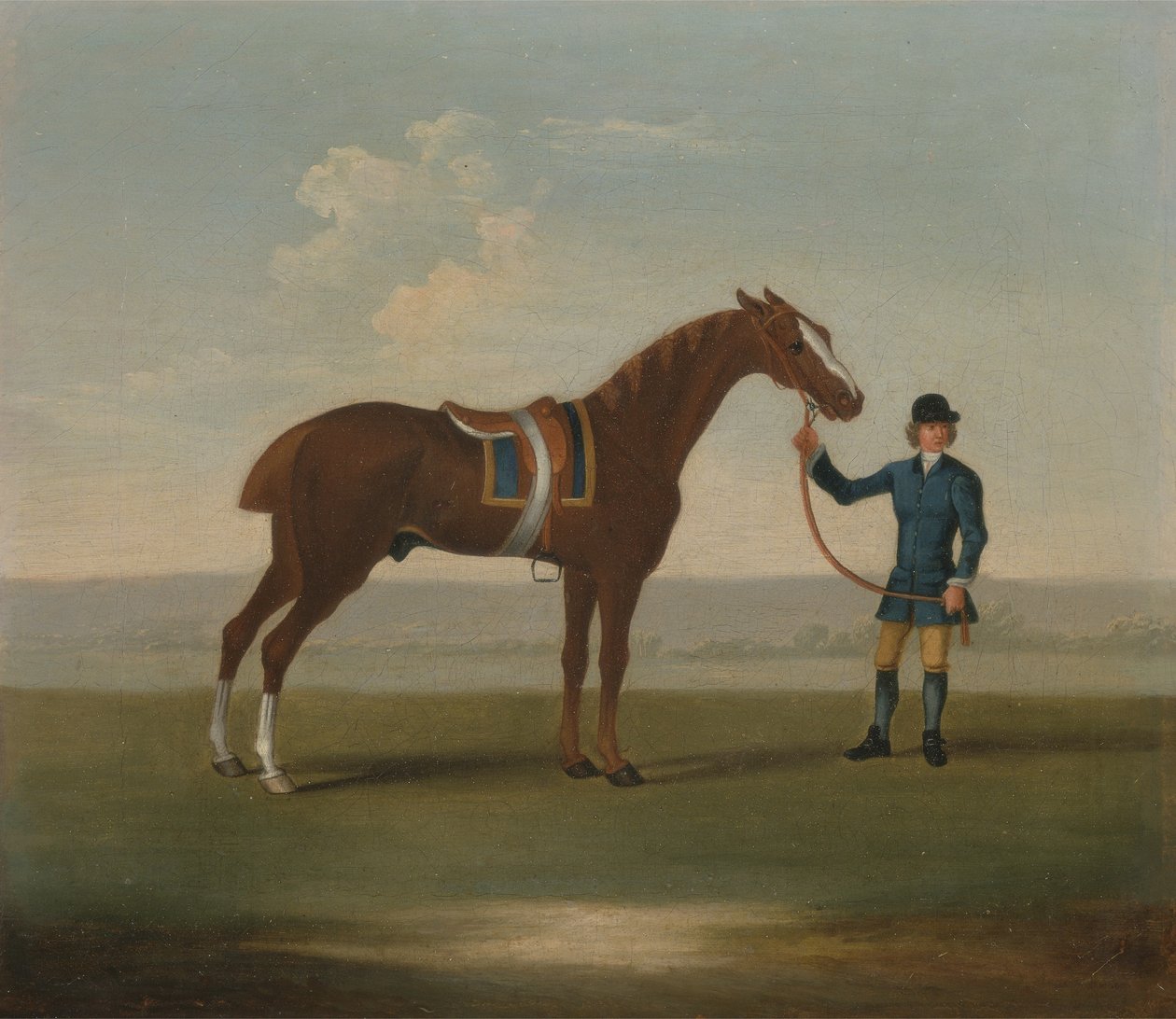 En kastanjehest (muligvis gammel partner) holdt af en brudgom (olie på lærred) af James (attr.) Seymour