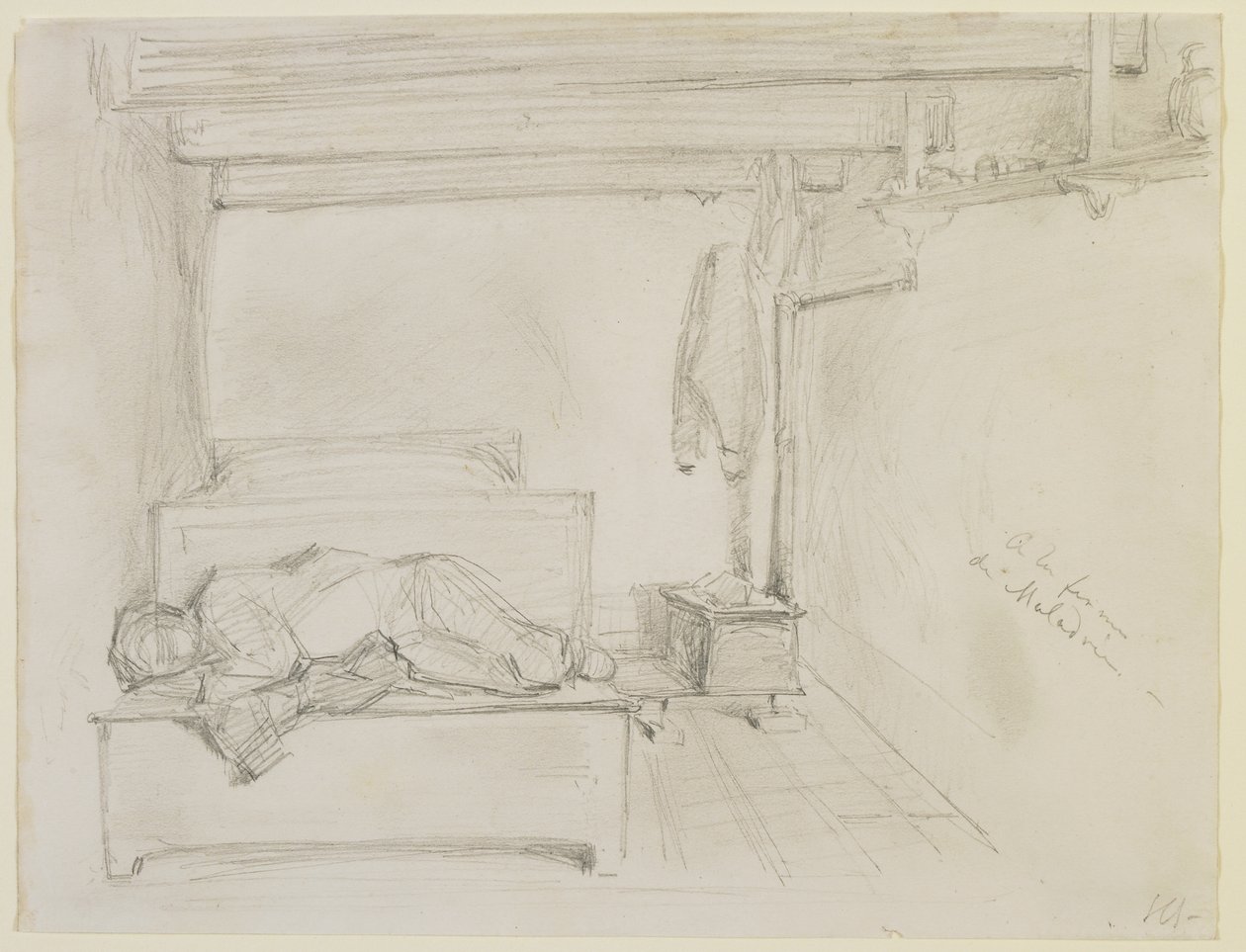 På Maladries gård, 1858 (blyant på råhvidt vævet papir af James Abbott McNeill Whistler