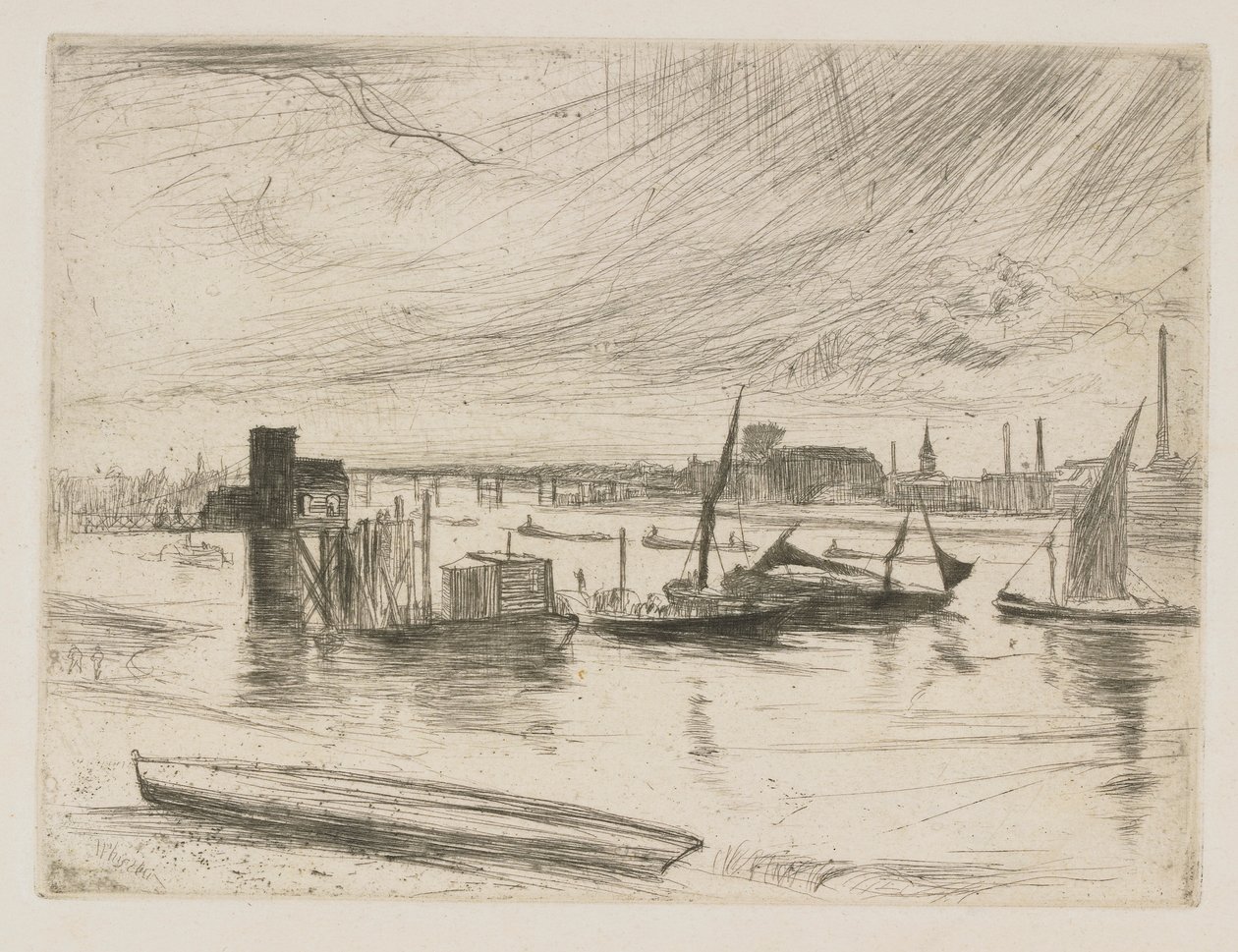 Battersea Dawn Cadogan Pier, 1863. af James Abbott McNeill Whistler