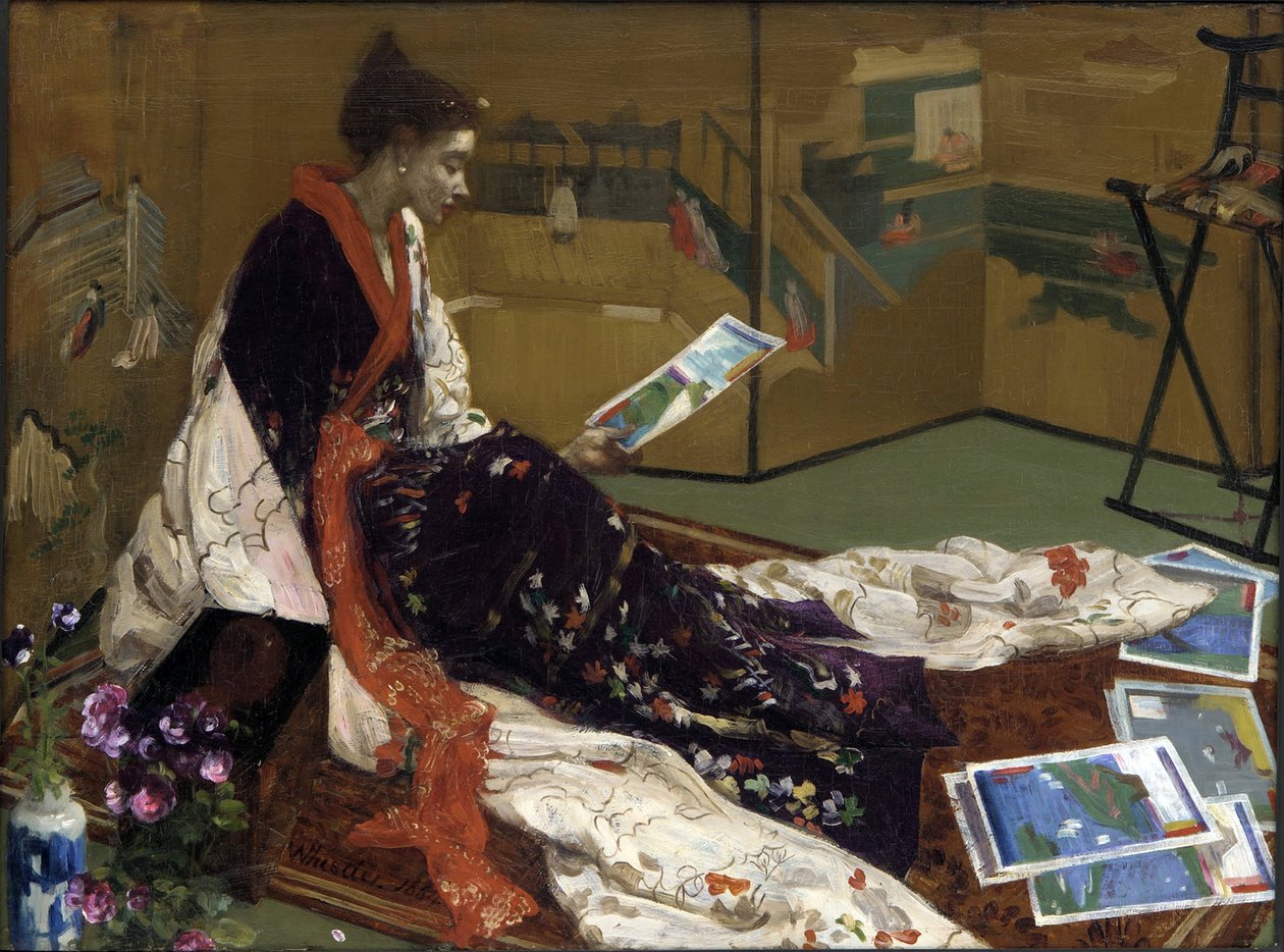 ""Caprice i lilla og guld: den gyldne skærm"" Ung kvinde klædt i japansk stil i kimono, ser på print - (japanisme) Maleri af James Abbott McNeill Whistler (1834-1903) 1864 Freer Gallery of Art, Washington USA af James Abbott McNeill Whistler