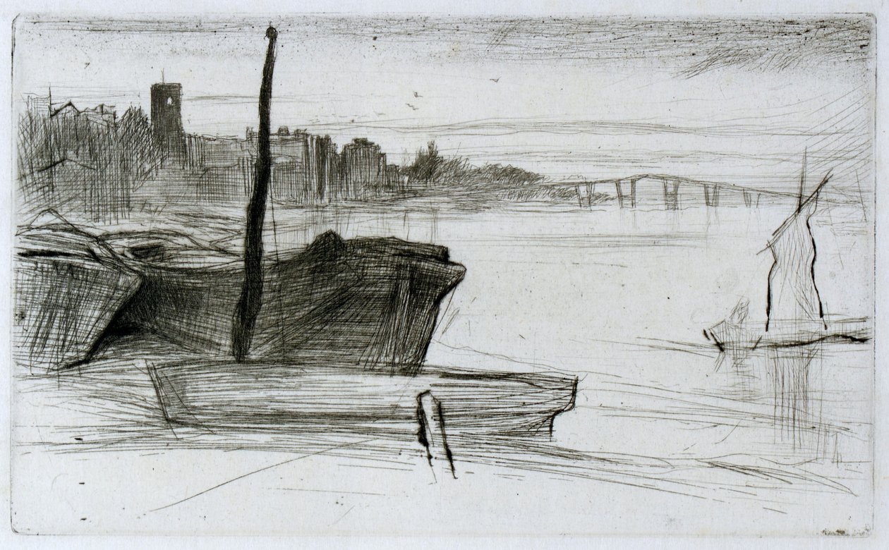 Chelsea Bridge og kirke af James Abbott McNeill Whistler