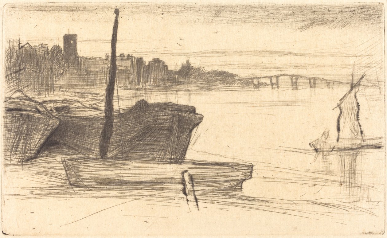 Chelsea Bridge og kirke, ca. 18701871. af James Abbott McNeill Whistler