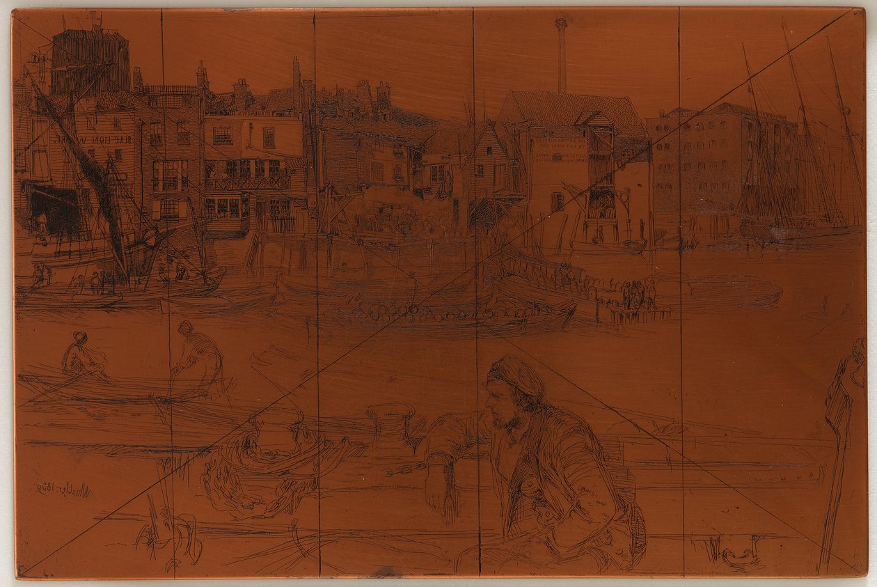 Ætseplade: Black Lion Wharf, 1859. af James Abbott McNeill Whistler