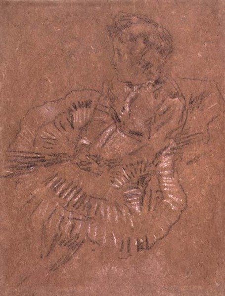 PD.67-1959 En siddende pige i en stor nederdel (A Study of Elinor Leyland) c.1870-80 (sort-hvidt kridt på brunt papir) af James Abbott McNeill Whistler
