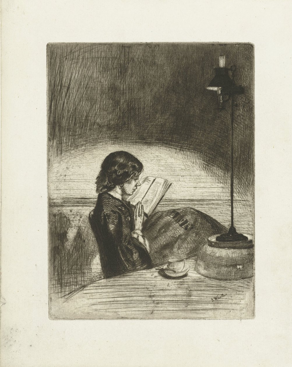 Portræt af Deborah Delano, der læser Læsning ved lampelys af James Abbott McNeill Whistler