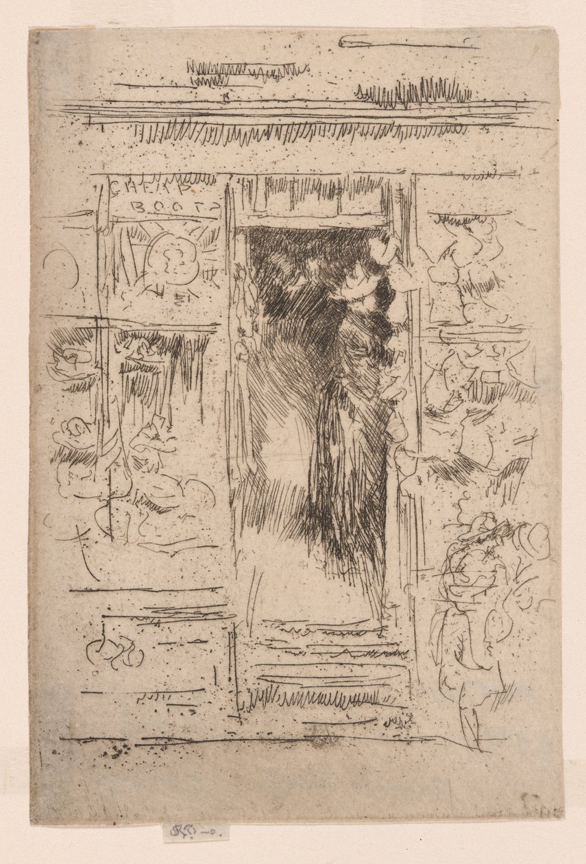 The Bonnet-Shop, ca. 1884-86 (radering; blæk på papir) af James Abbott McNeill Whistler
