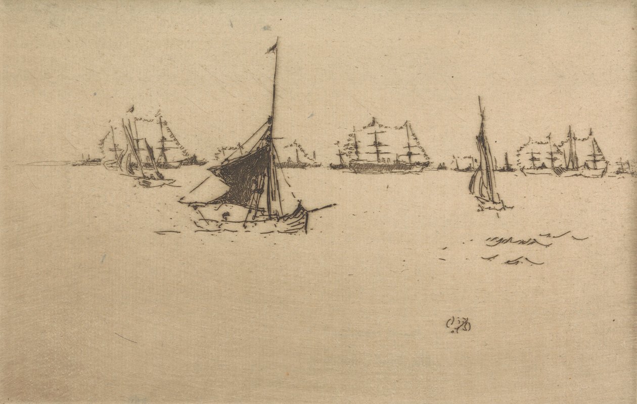 The Fleet: Evening, fra et sæt på tolv raderinger med titlen The Naval Review, 1887 af James Abbott McNeill Whistler