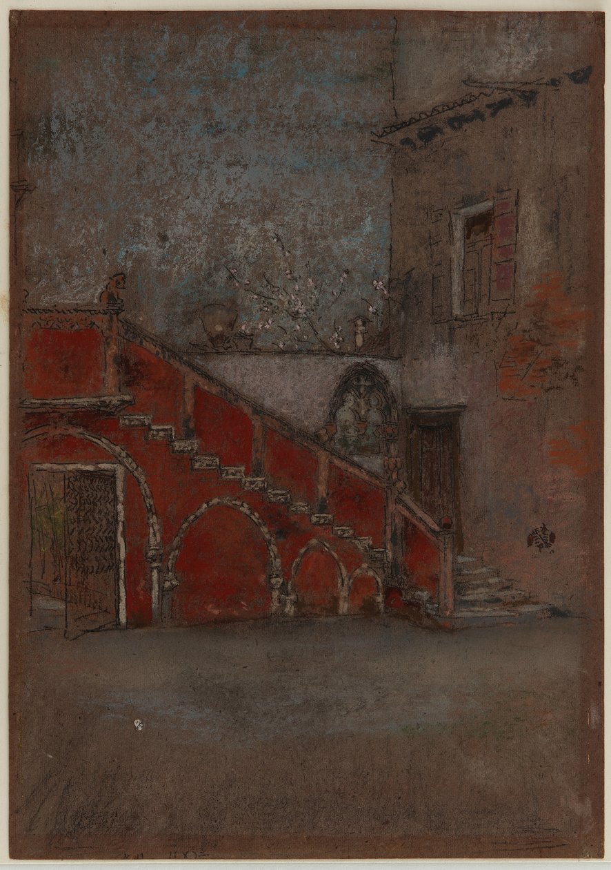 The Staircase: Note in Red, 1880 (farvet farveblyant og pastel på brunt papir) af James Abbott McNeill Whistler