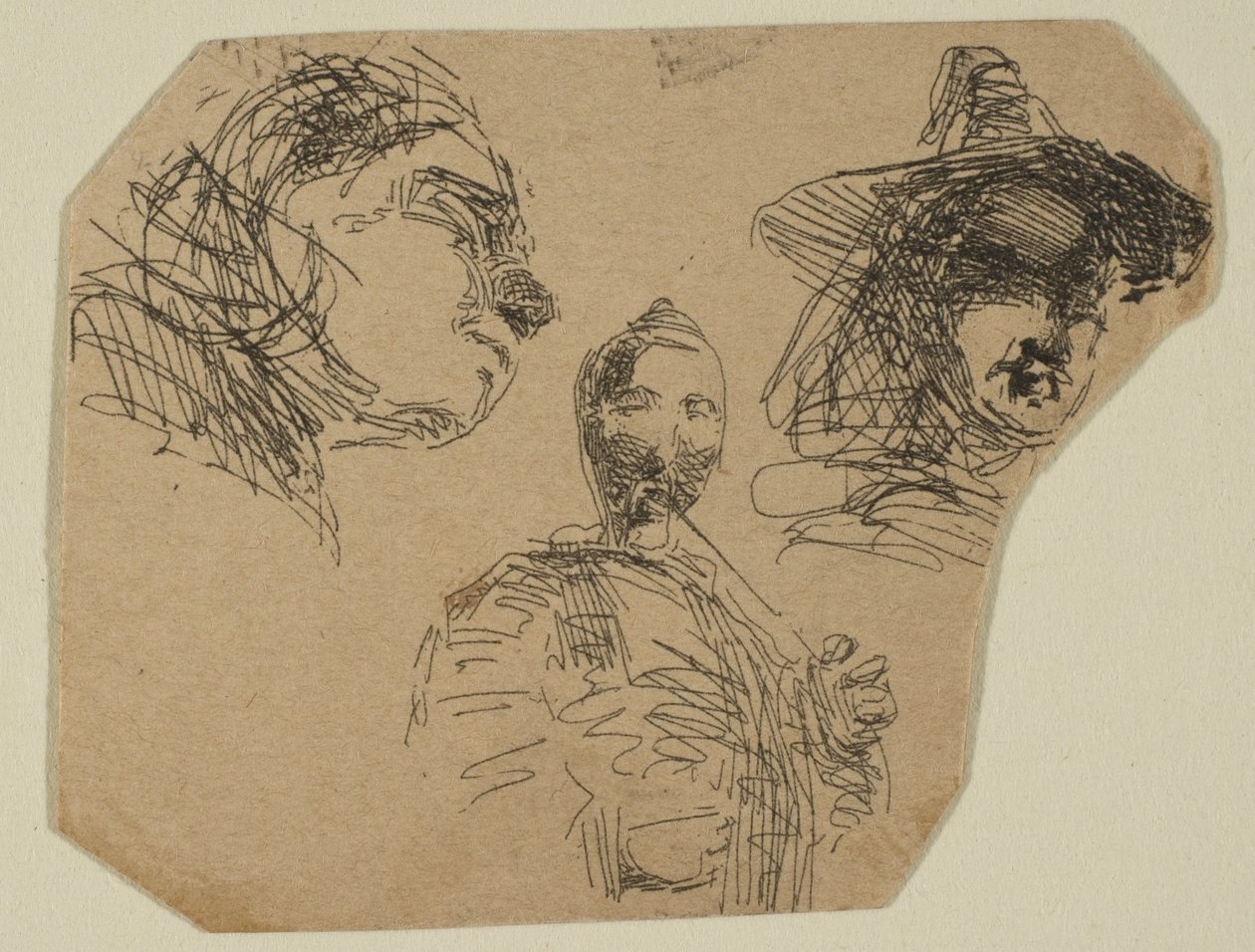 To kvindelige hoveder og stående figur fra skitser på kystundersøgelsespladen, 1854-55. af James Abbott McNeill Whistler