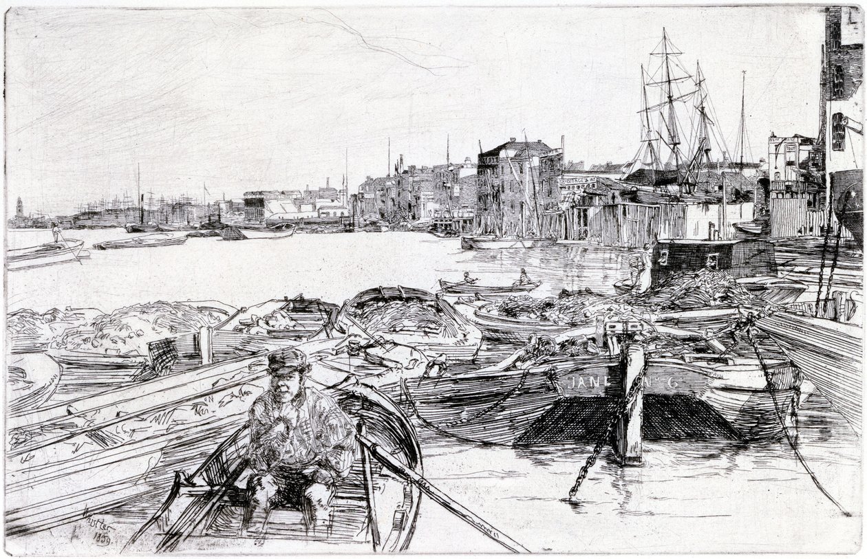 Udsigt over Themsen, over London Basin (England), i 1859, hører til en serie af graveringer om Themsen, som fremhæver samfundet af maritime arbejdere i den engelske hovedstad. af James Abbott McNeill Whistler