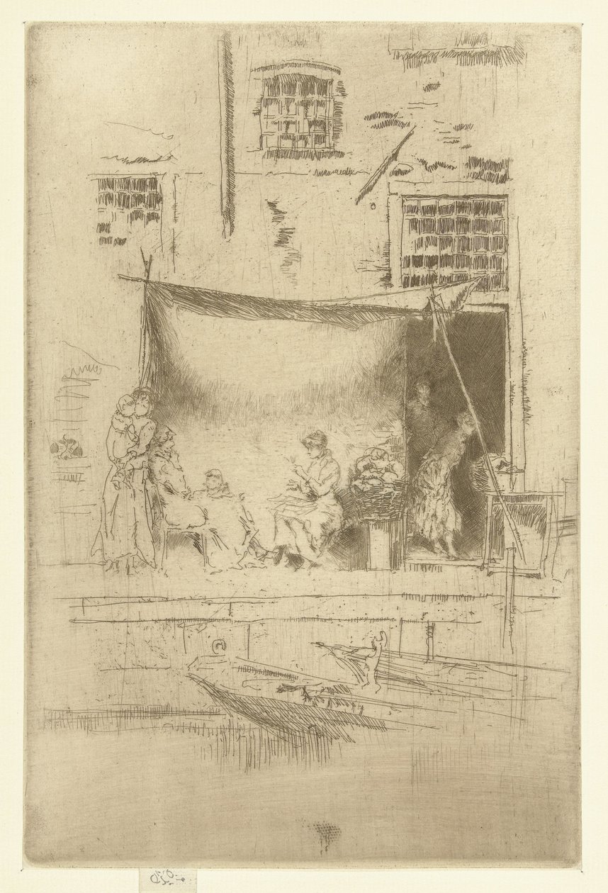 Kvinder under et solsejl på kajen Frugtbod Et sæt på seksogtyve raderinger (serietitel) af James Abbott McNeill Whistler