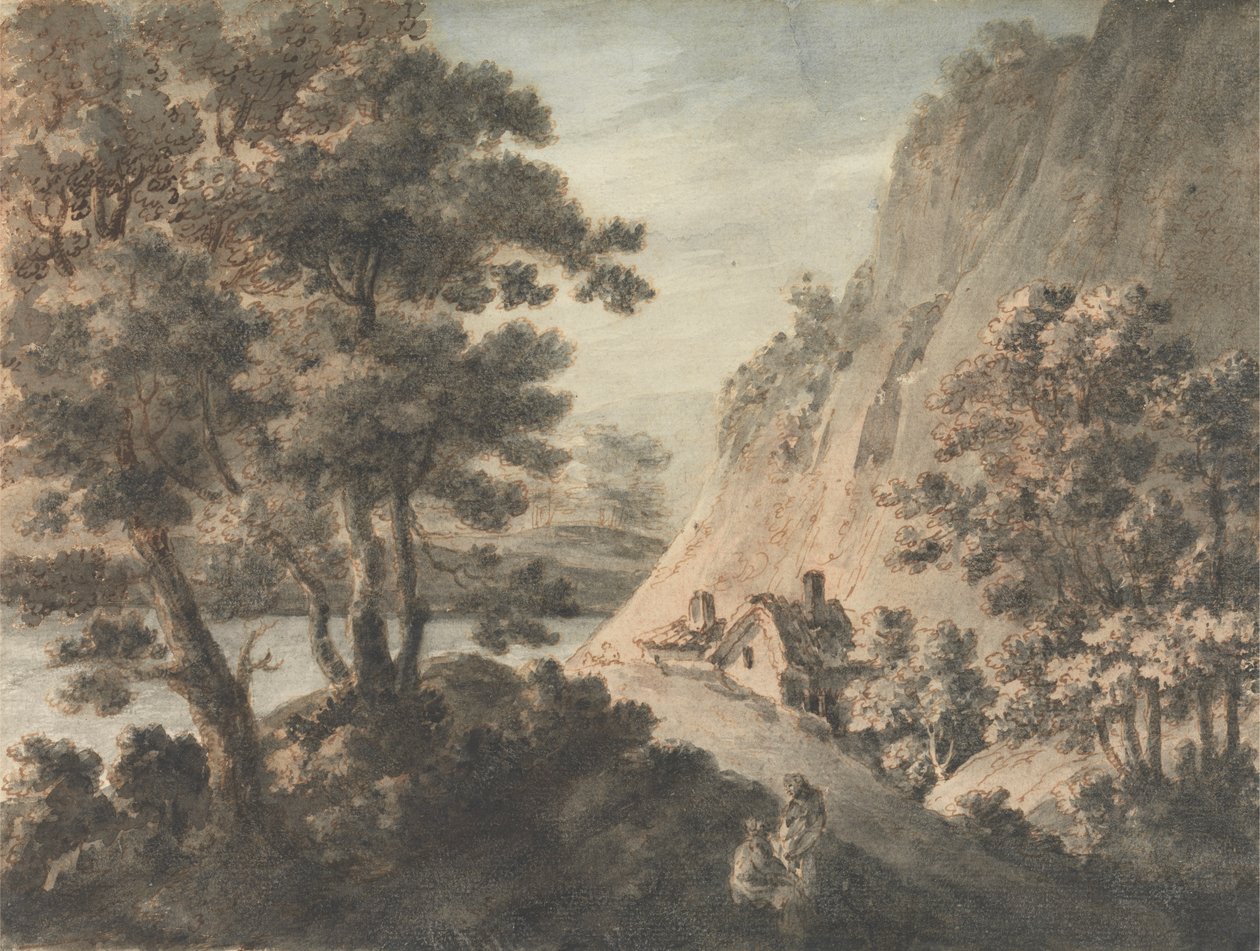 Landskab med flod og figurer af James Adam