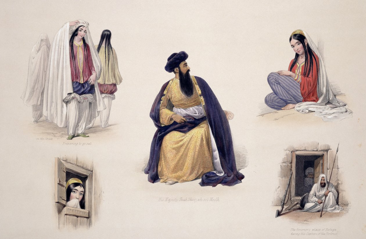 Portræt af Hans Majestæt Shah-Soojah-Ool-Moolk (1780-1842), fra "Sketches in Afghaunistan", graveret af Charles Haghe (1810-88) og Louis Haghe (1806-85), udgivet af Henry Graves, 1842 (farvelagt) af James Atkinson